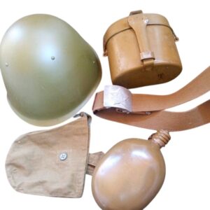 A mess kit, an SSH-68 helmet, a canteen, and a belt.